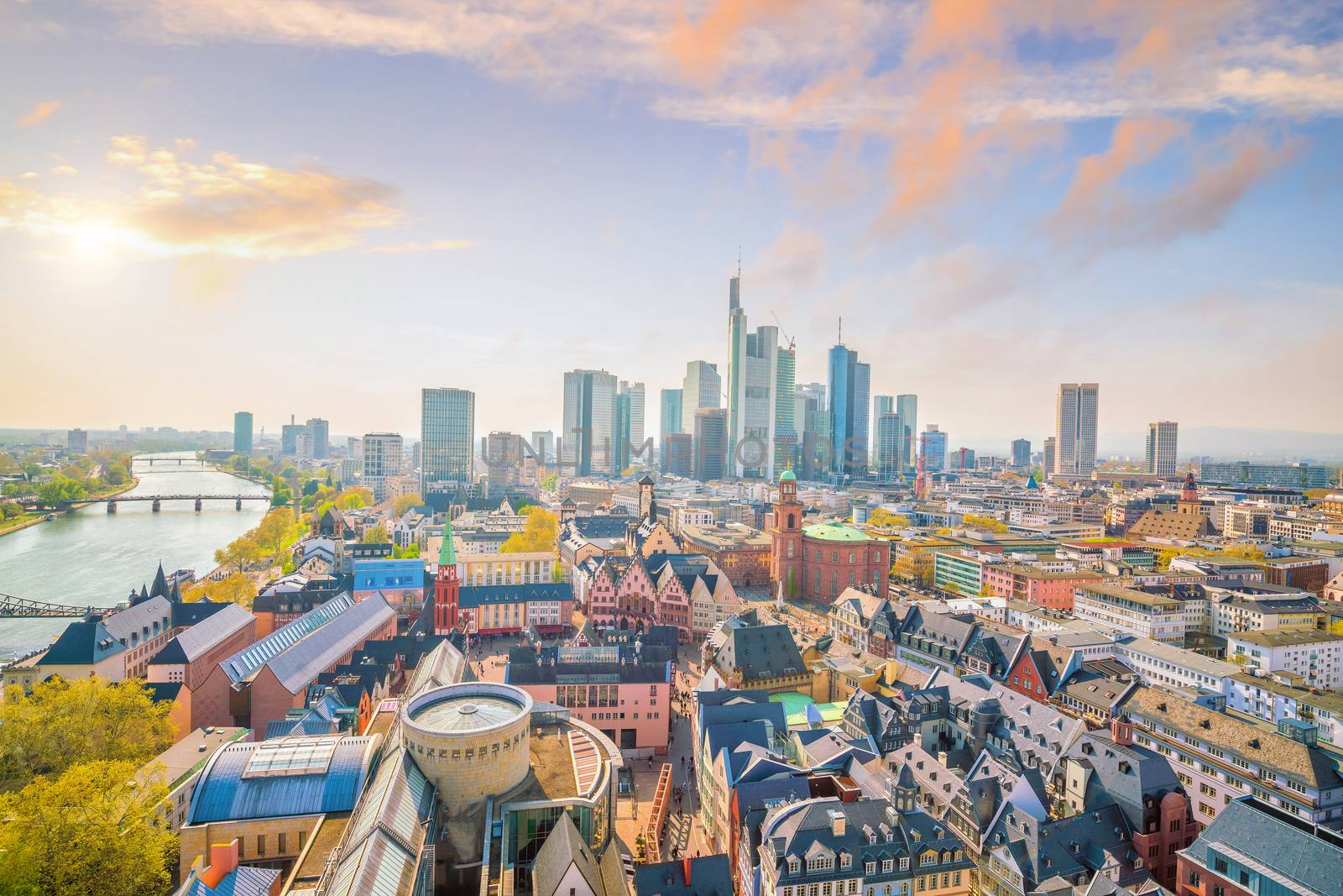 View of Frankfurt city skyline in Germany at twilight from top view