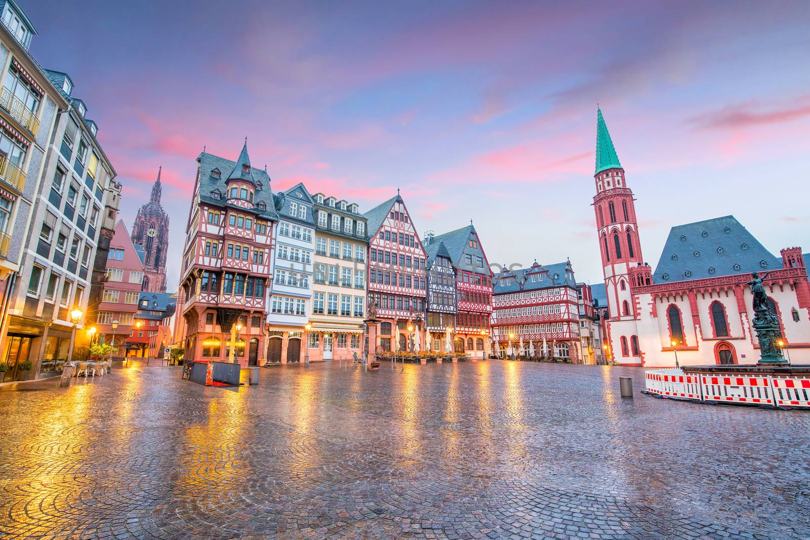 Old town square romerberg in Frankfurt, Germany at twilight