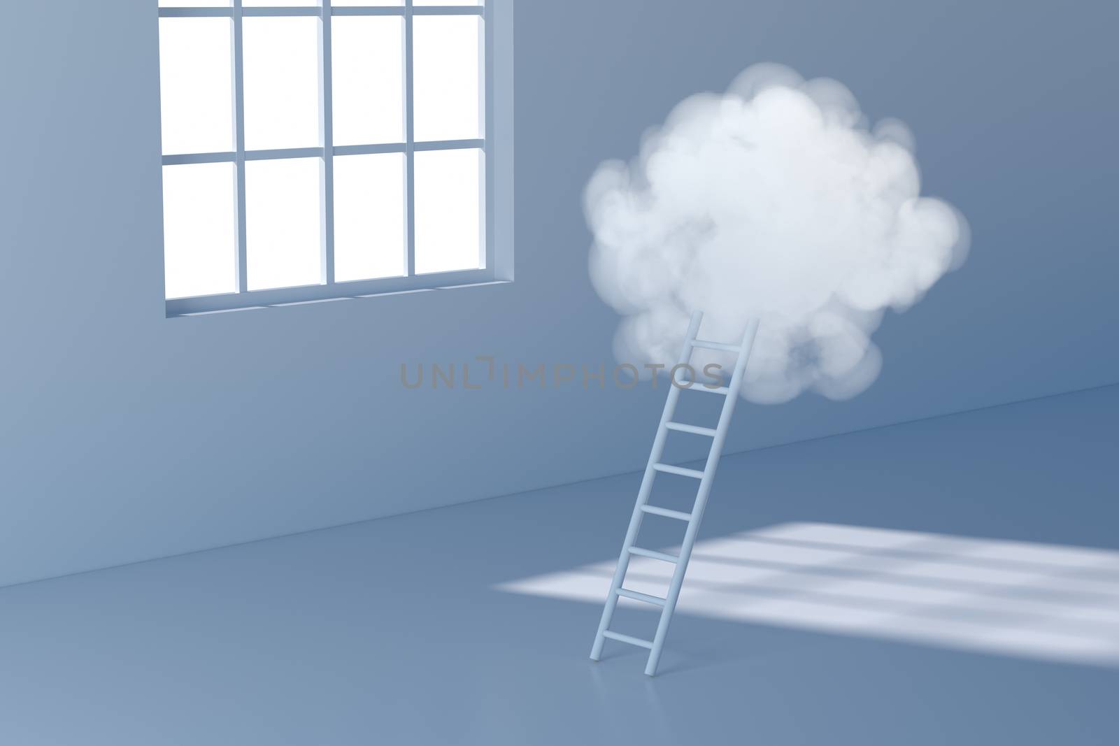 Conceptual room with a ladder lead to the cloud, 3d rendering. by vinkfan