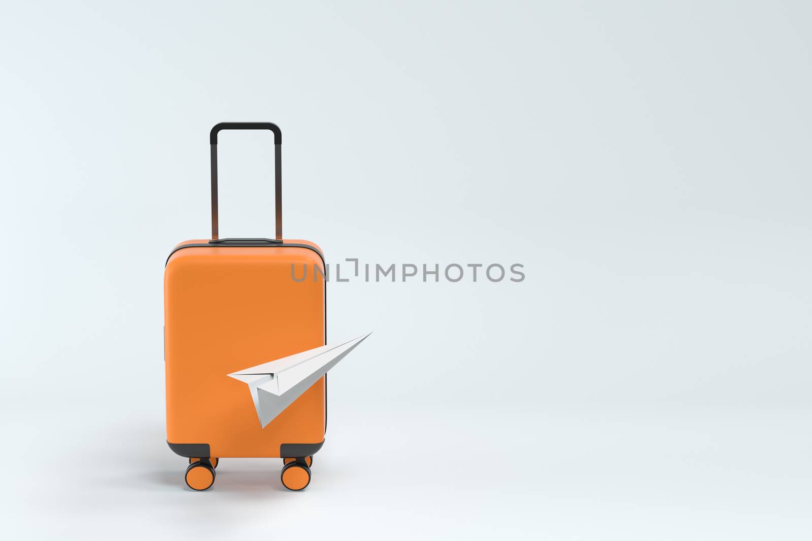 Luggage and paper airplane with white background, 3d rendering. Computer digital drawing.