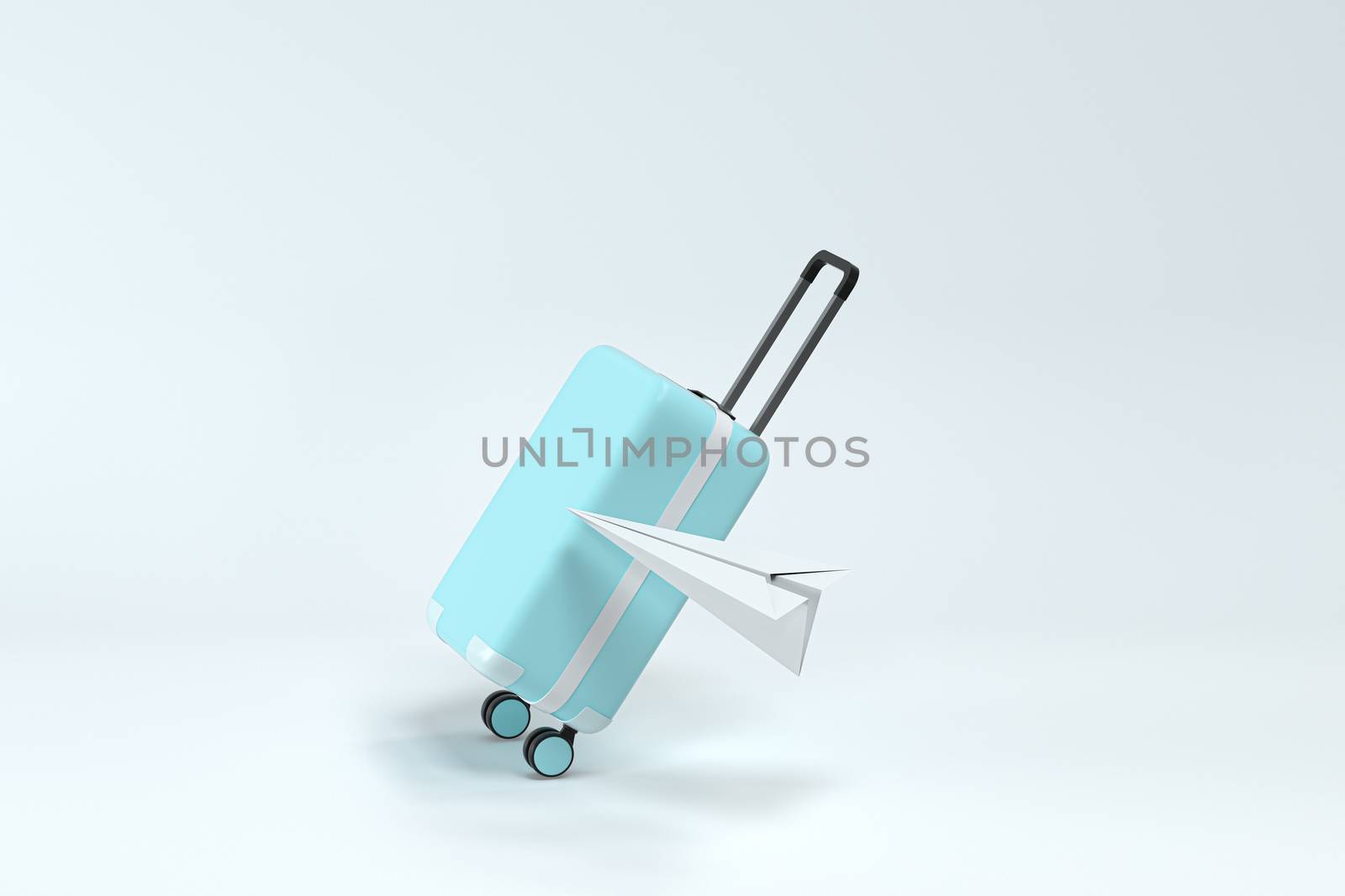 Luggage and paper airplane with white background, 3d rendering. Computer digital drawing.