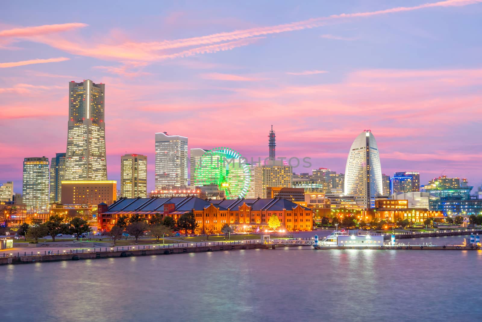 Yokohama city skyline at sunset in Japan