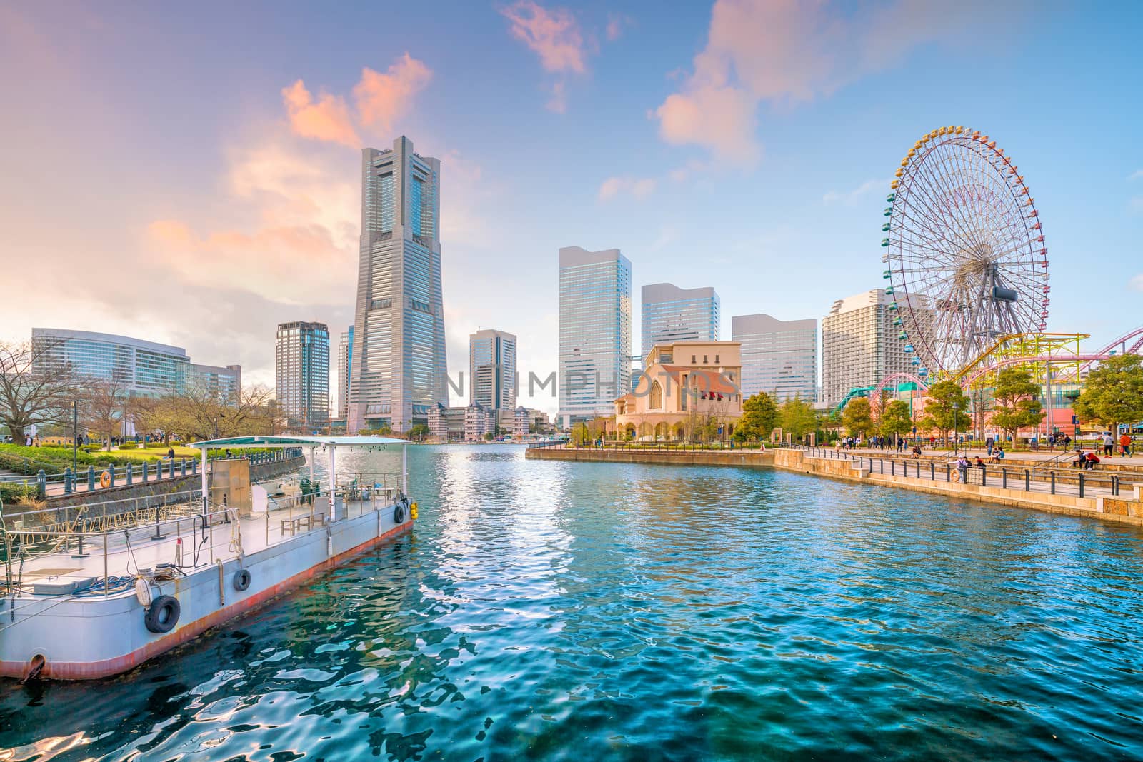 Yokohama city skyline at sunset in Japan