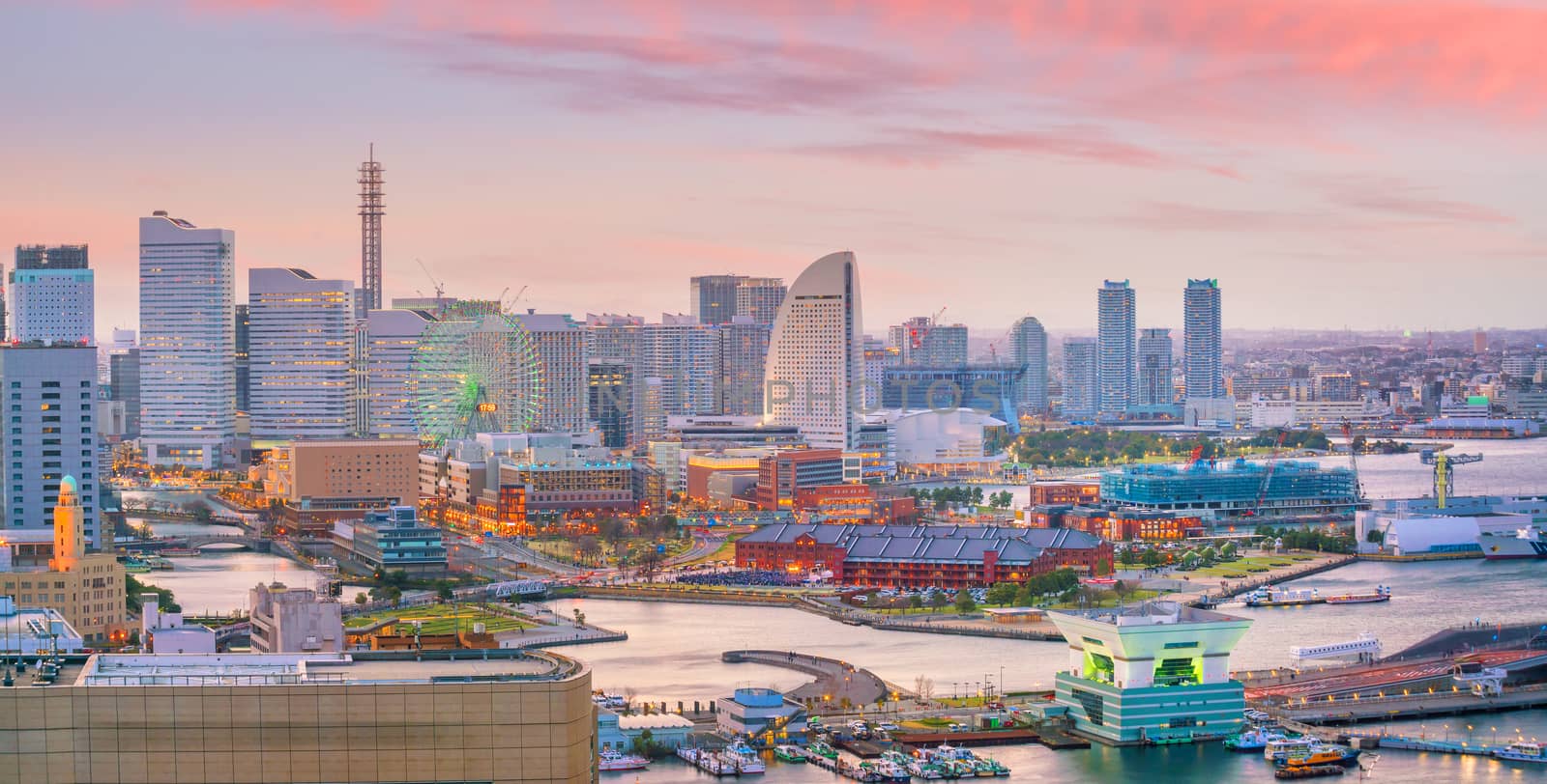 Yokohama city skyline at sunset in Japan