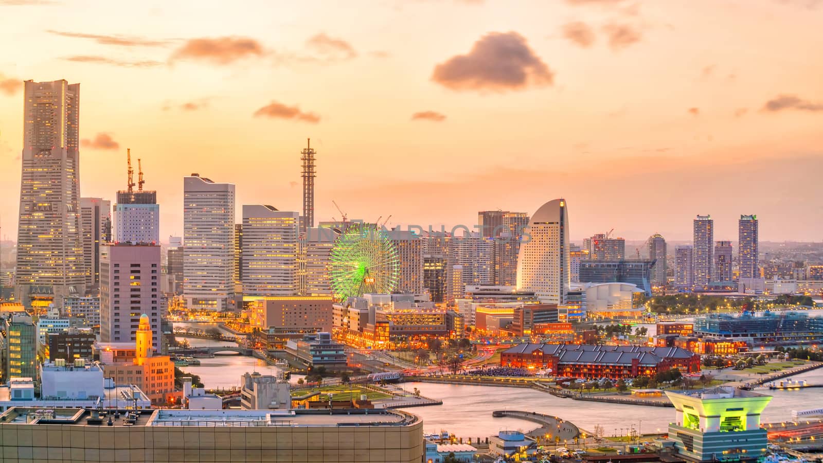 Yokohama city skyline at sunset in Japan