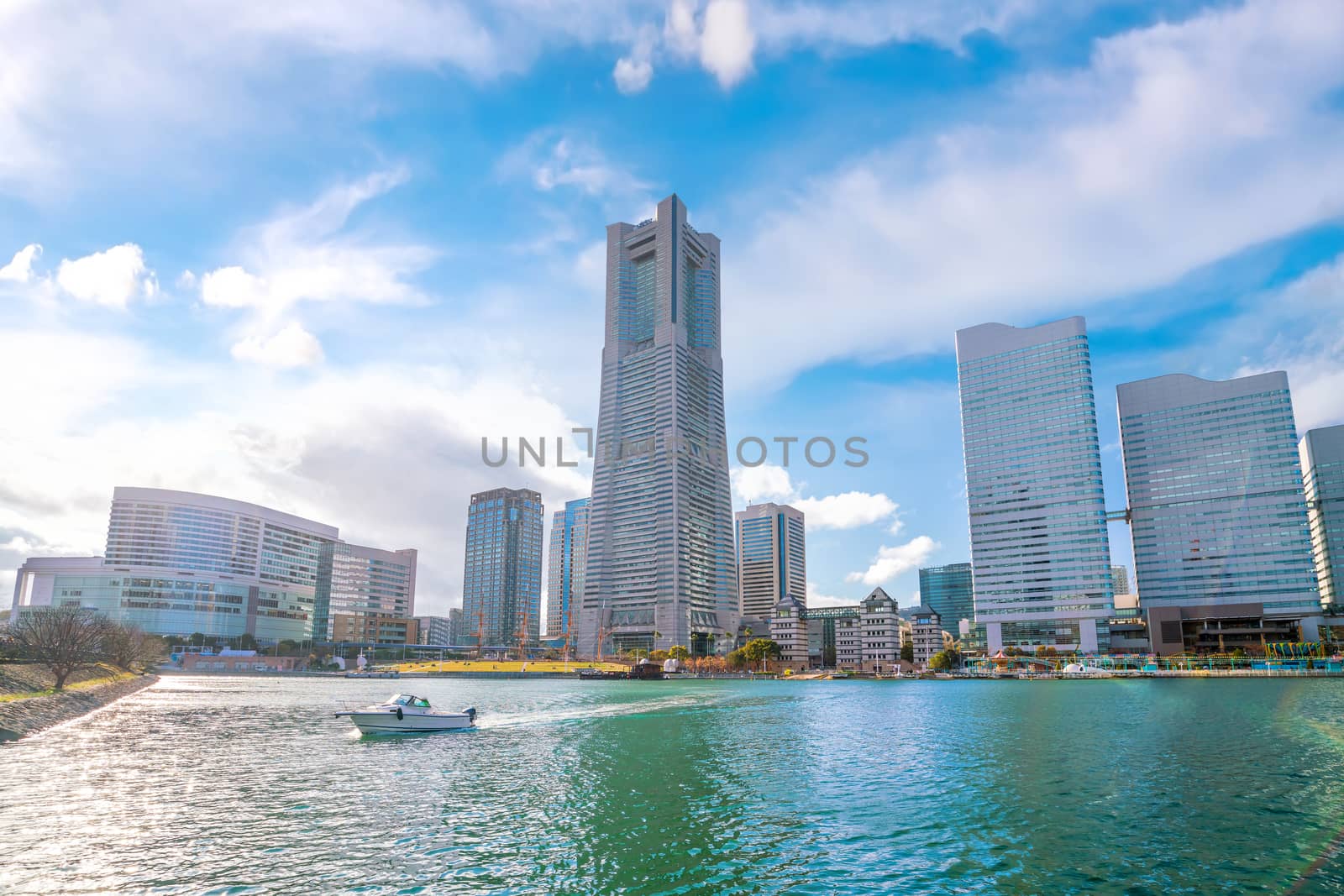 Yokohama city skyline with blue sky in Japan