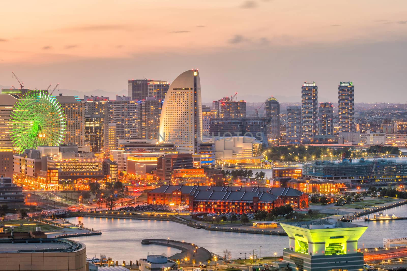 Yokohama city skyline at sunset in Japan