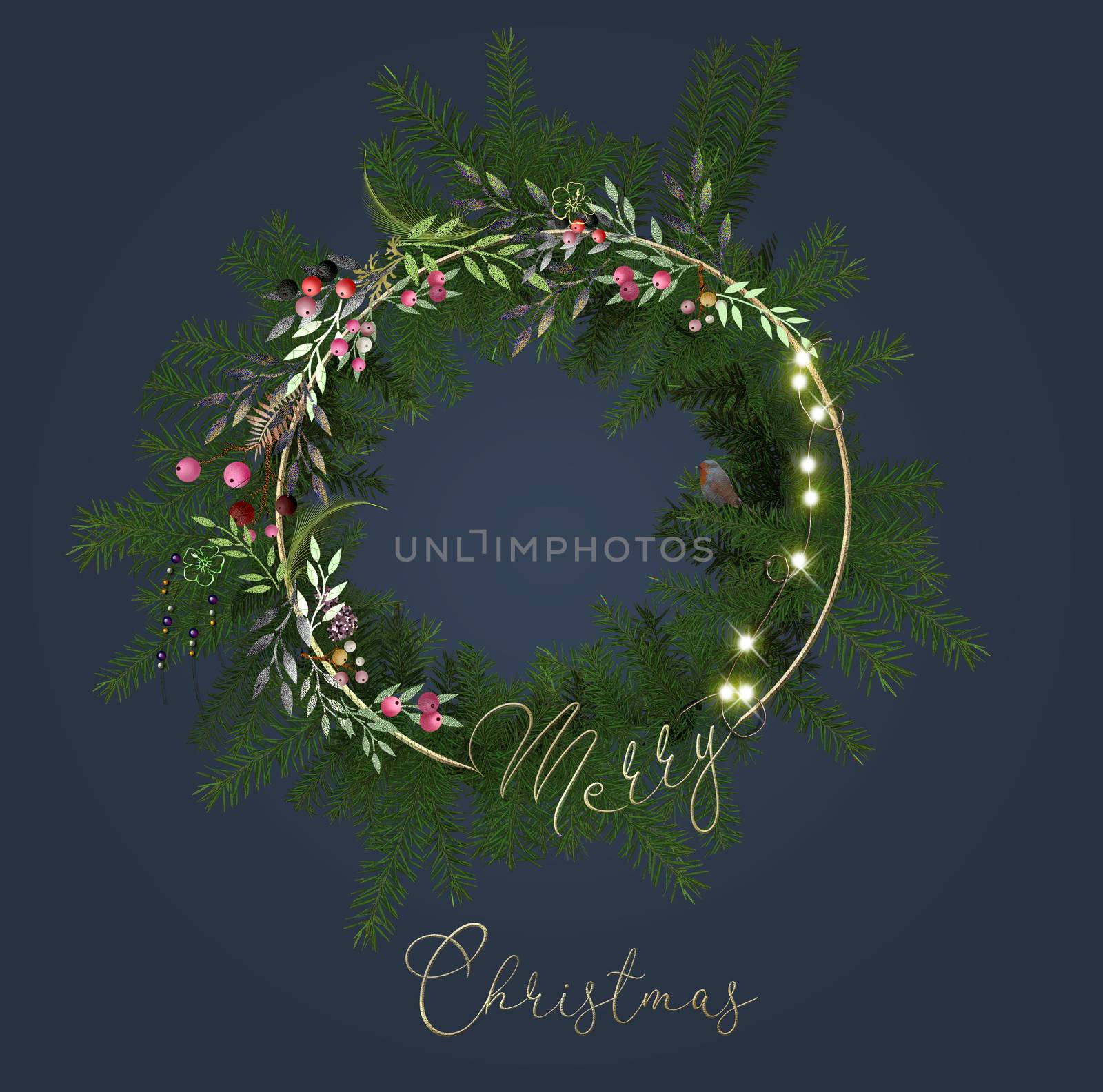 Christmas wreath with floral design on blue background. 3D illustration. Elegant style floral holiday