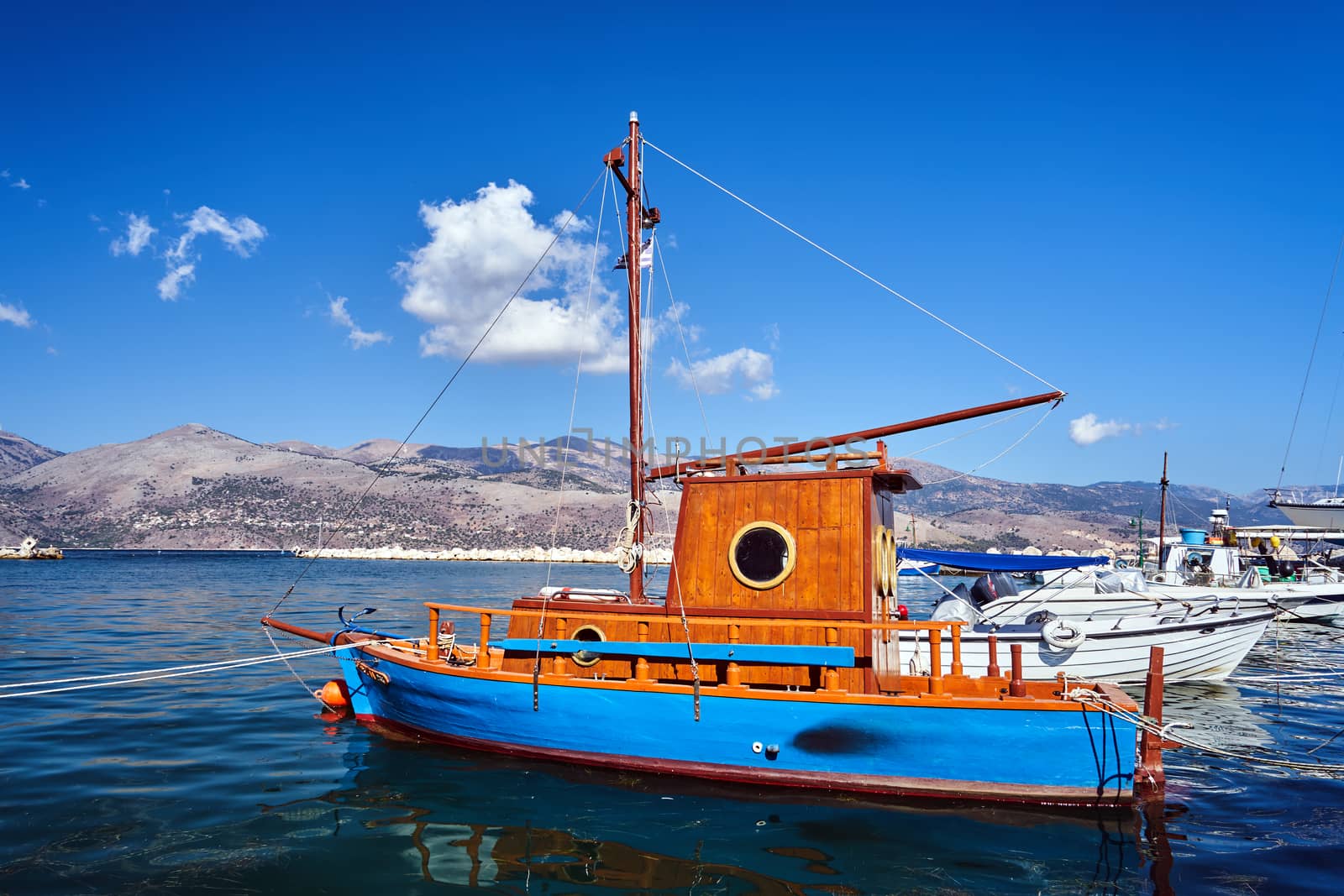 Wooden sailboat in the port of Lixouri on the island of Kefalonia in Greece