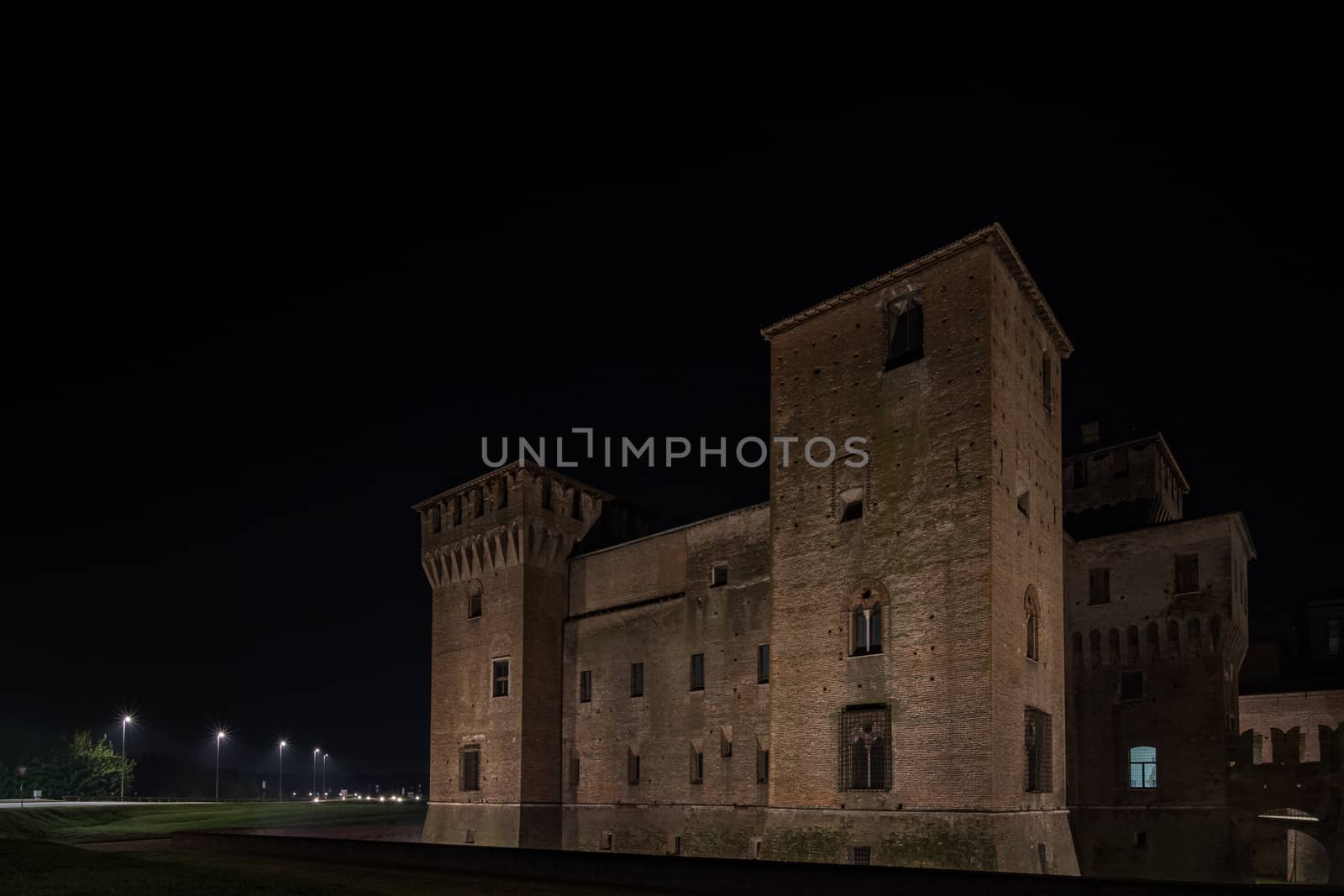 The Castle of San Giorgio di Mantova seen at night, a night landscape of a historic Italian city