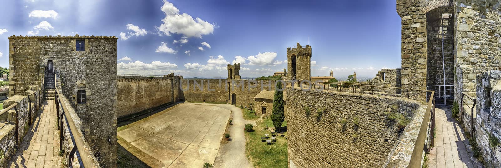 Interior panoramic view of a medieval italian fortress, iconic landmark and one of the most visited sightseeing in Montalcino, Tuscany, Italy