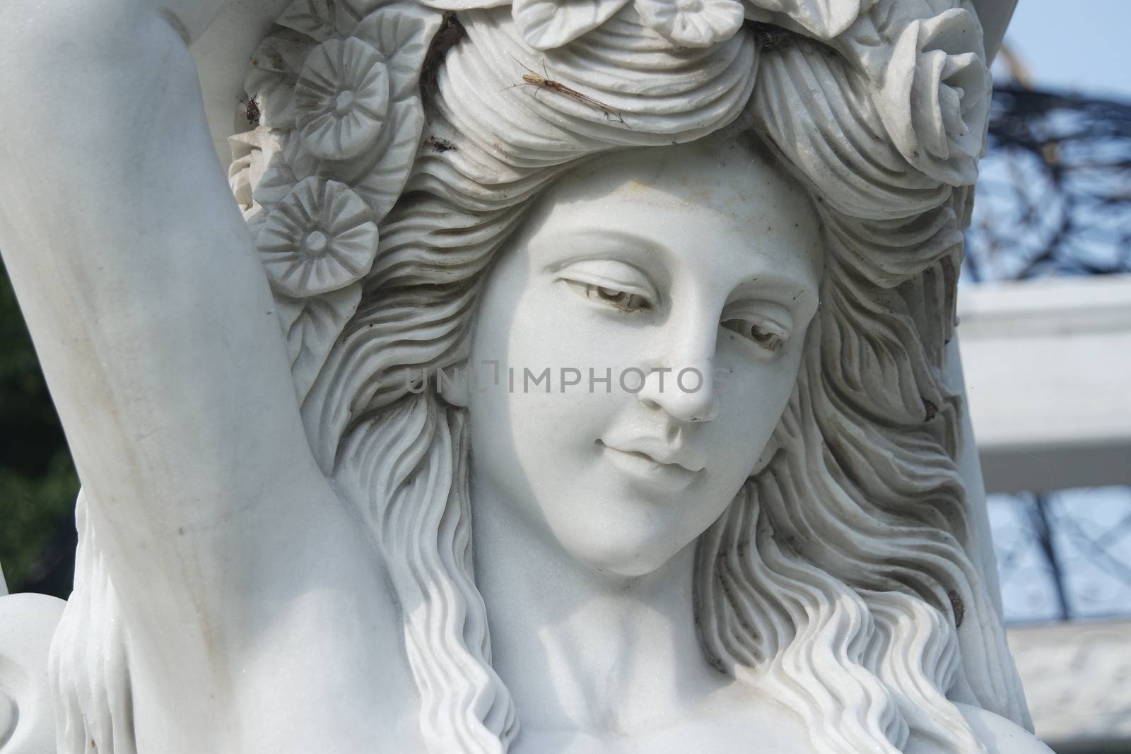 CHUNCHEON, SOUTH KOREA- October-03, 2020: White marble statue of Greek Goddess Head with lovely hair settled in a public park