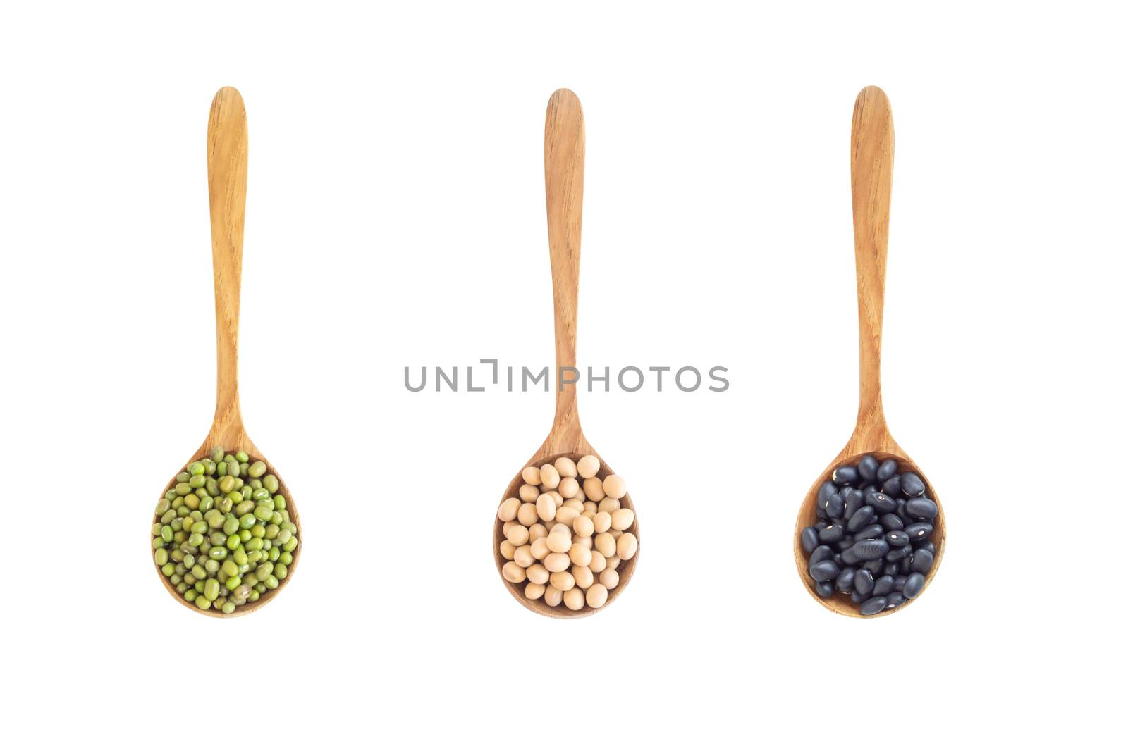 Mix beans wooden spoon isolated on white backgroun, health care concept