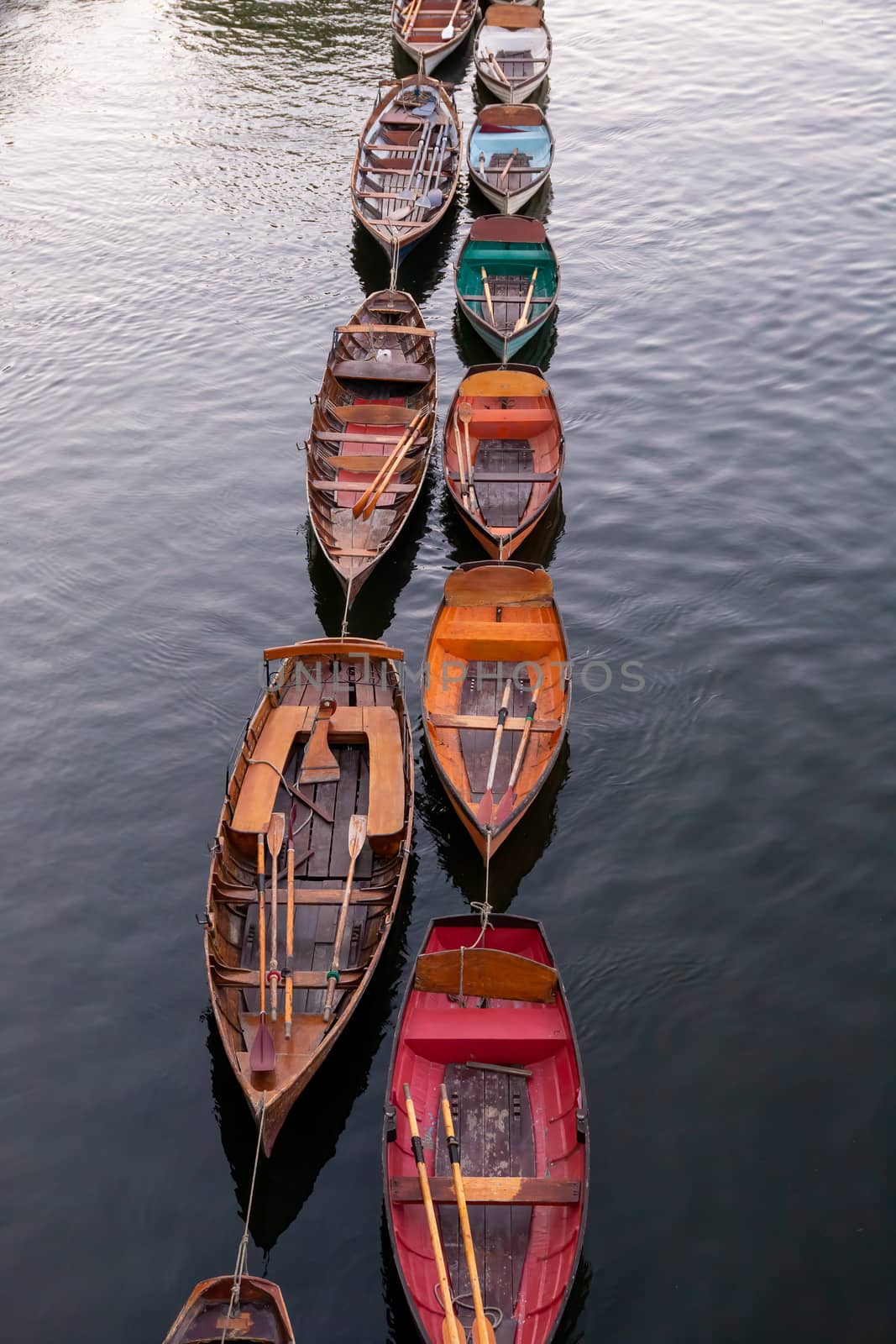 Wooden boats for hire moored on the River Thames, London by magicbones