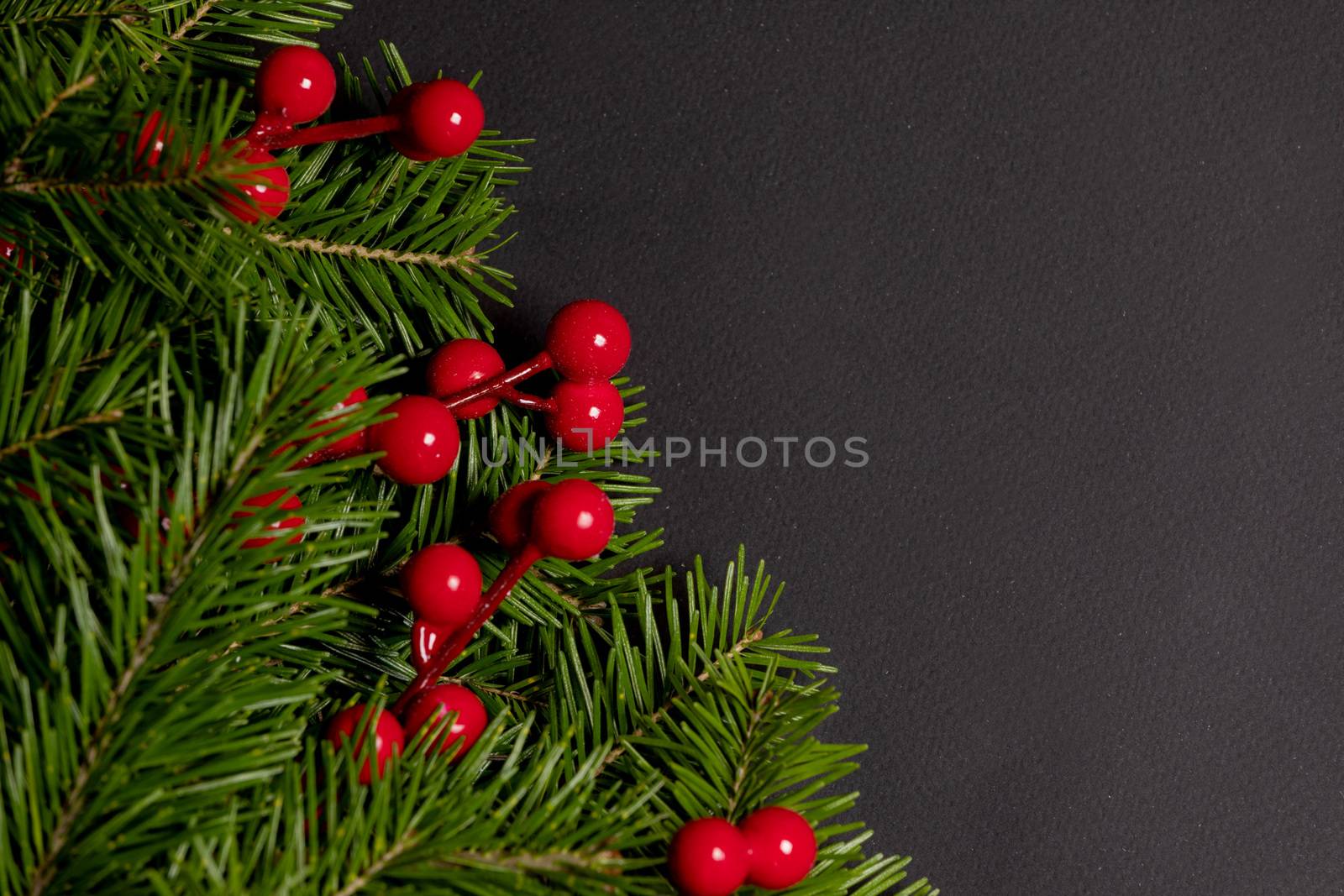 Pine Christmas tree branches and red berries on black paper background flat lay top view mock-up