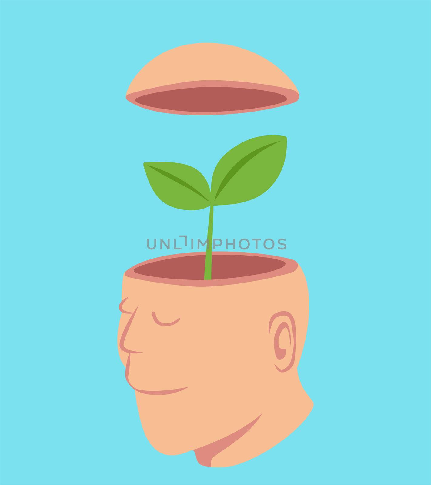 Man with a little tree in his open head, idea concept cartoon isolated on pastel color background vector illustration.