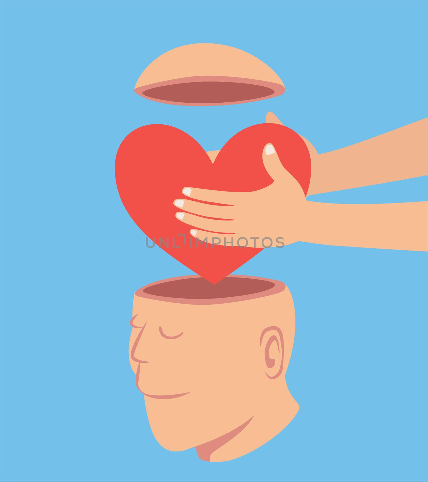 Man putting a Red heart to the open head man, idea concept cartoon isolated on blue background vector illustration