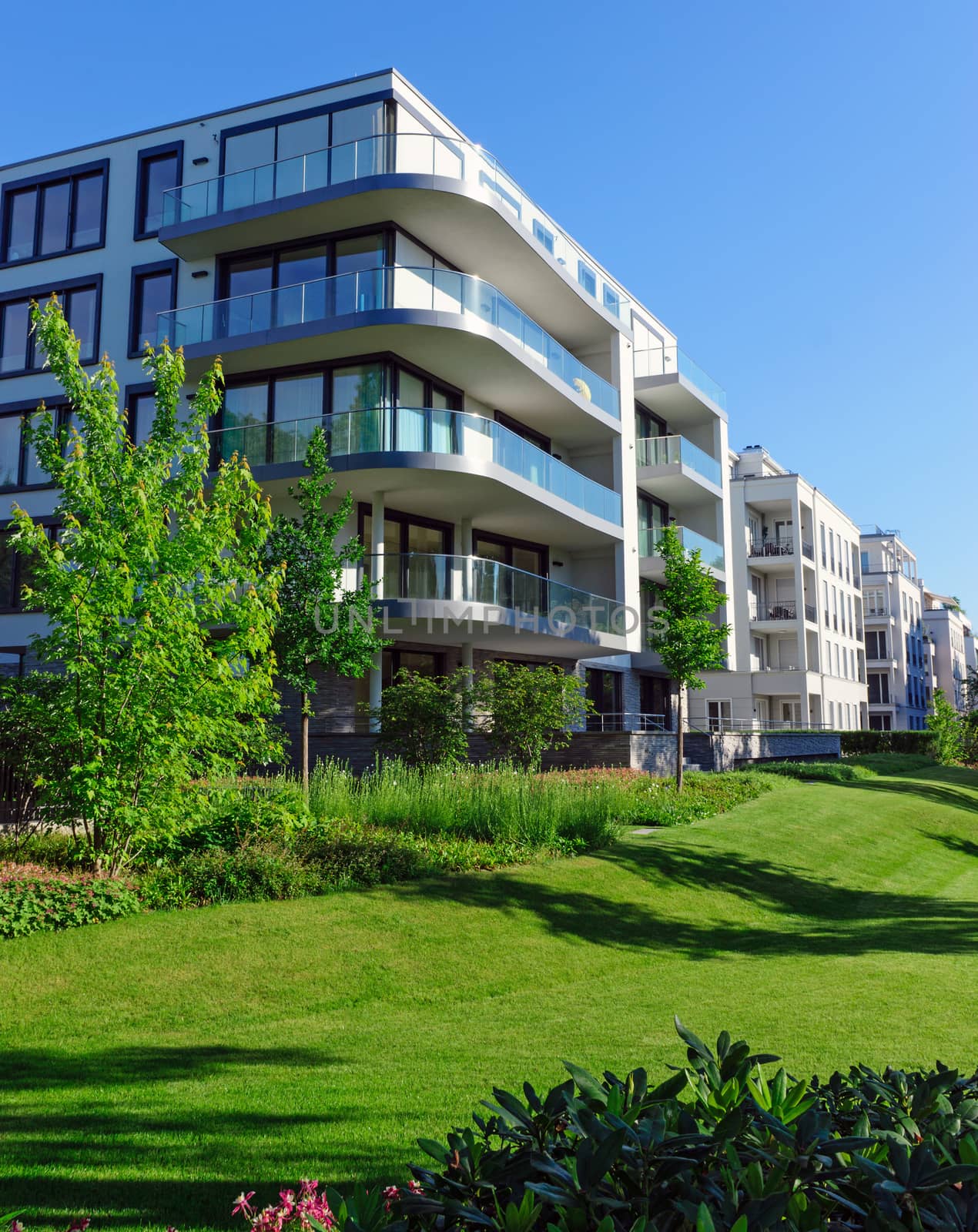 Luxury apartment houses with a green garden