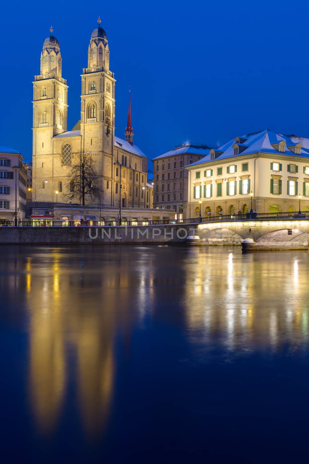 The Minster in Zurich illuminated at night