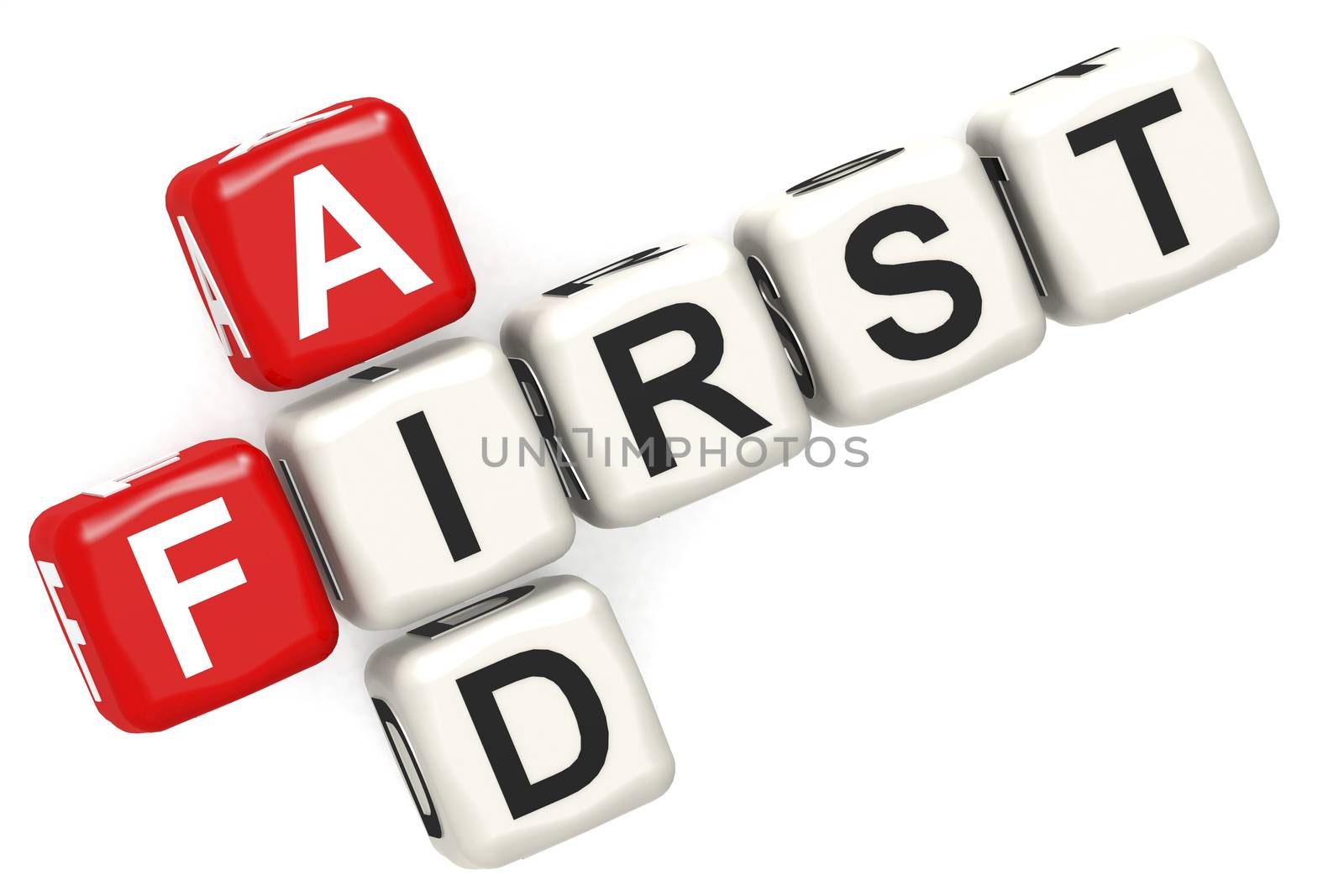 First aid cube crossword on white background, 3D rendering