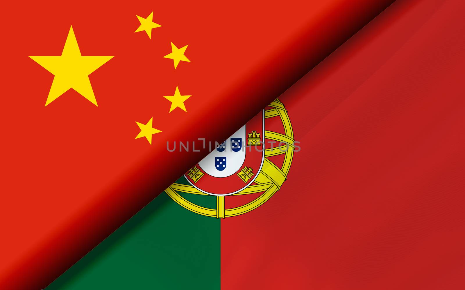 Flags of the China and Portugal divided diagonally. 3D rendering