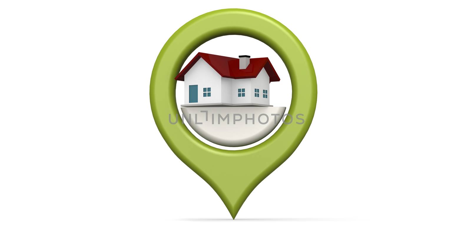 Green house icon locator isolated, 3D rendering