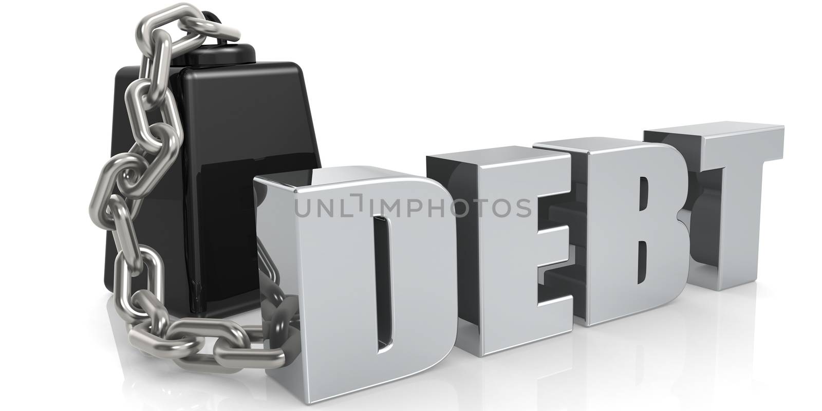 Metallic debt word chain to weight, 3D rendering