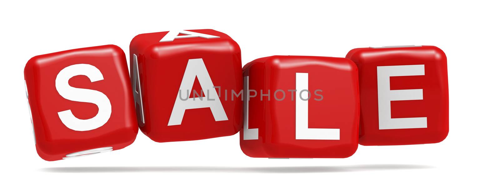 Sale word with red cube block, 3D rendering