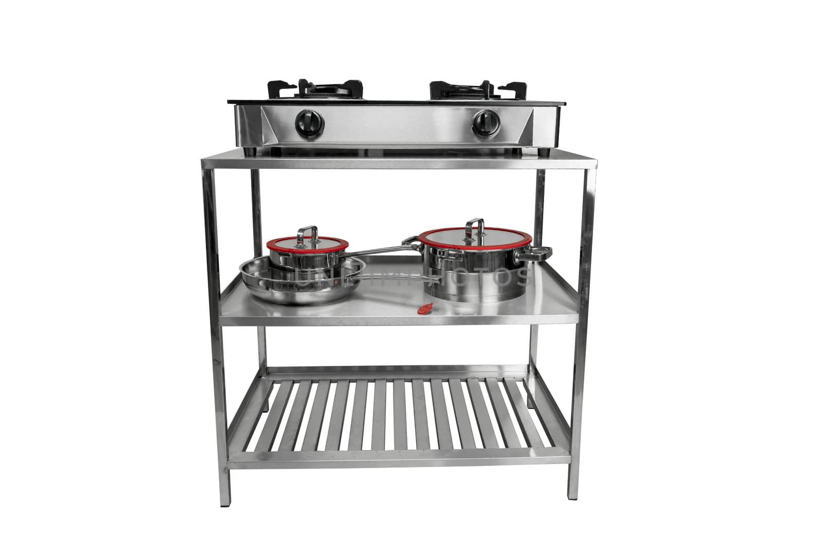 Blurred Gas stove on table of stainless on isolated white background.