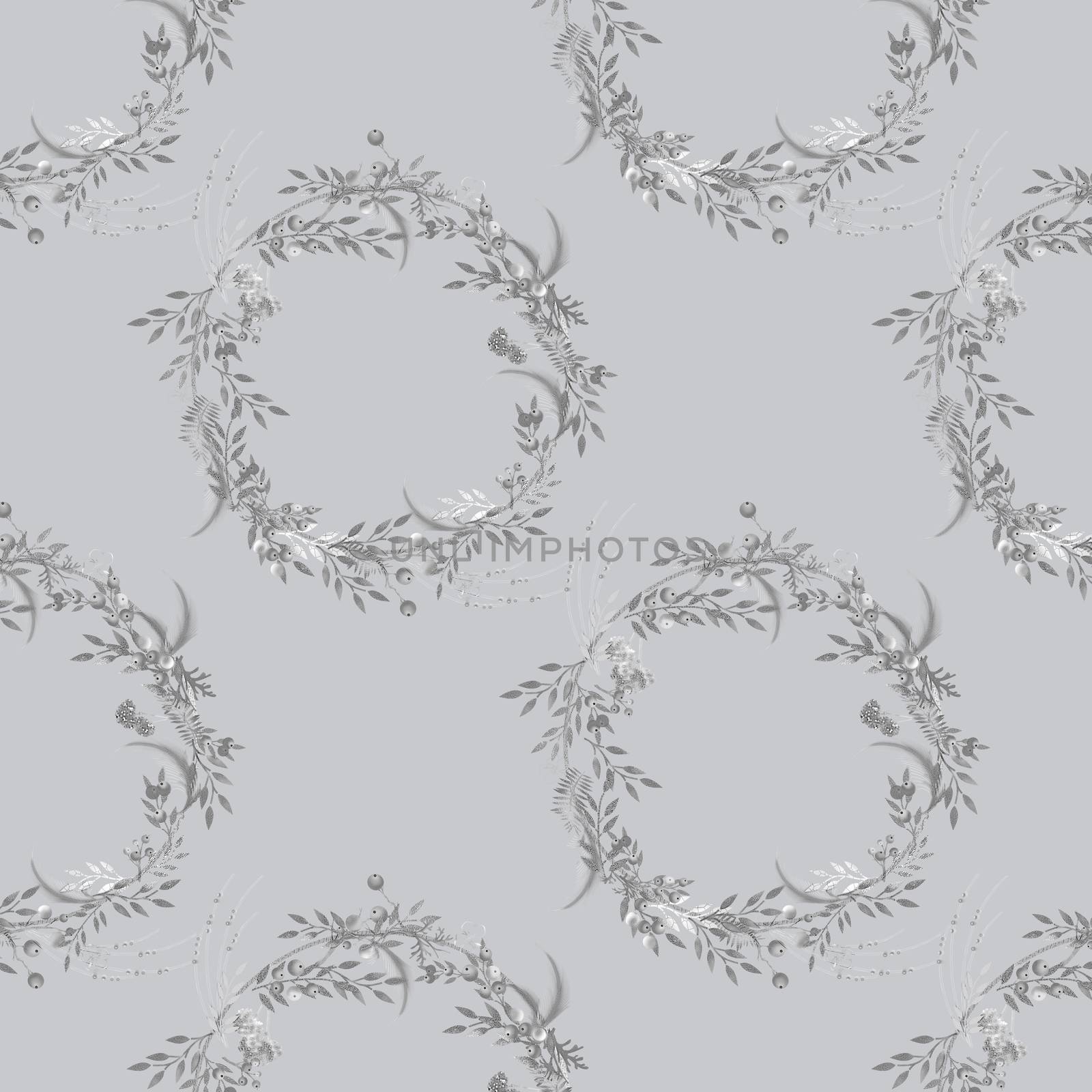 Seamless Christmas Silver Pattern in 3D illustration of silver Christmas Wreath on grey background. Luxury wrapping paper concept