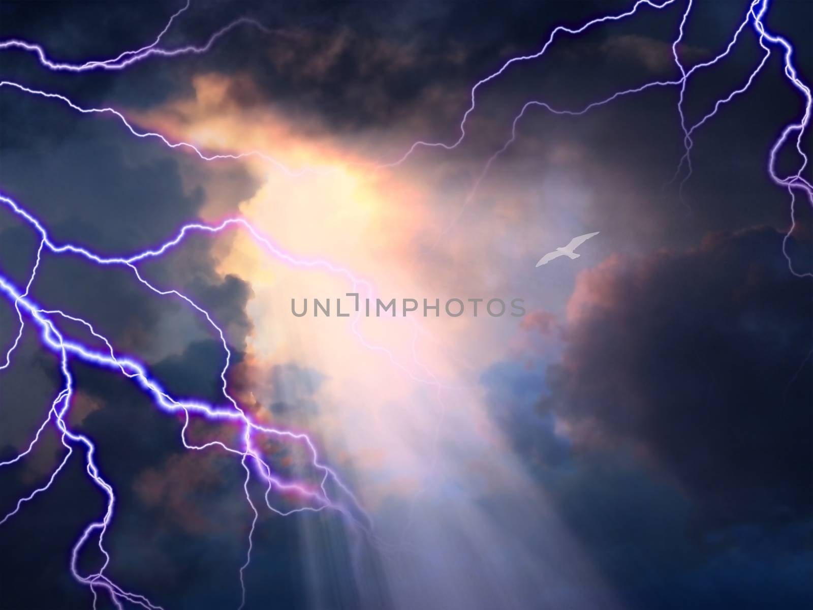 Storm rages about little white bird flying toward sunlight. 3D rendering