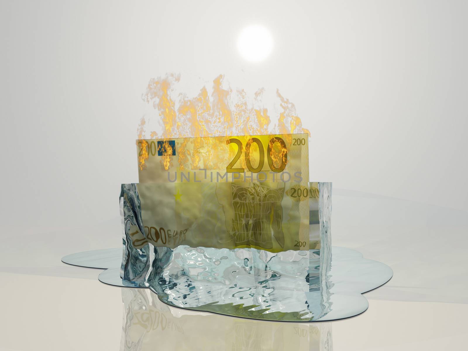 Banknote in ice on fire. Euro Melt. 3D rendering