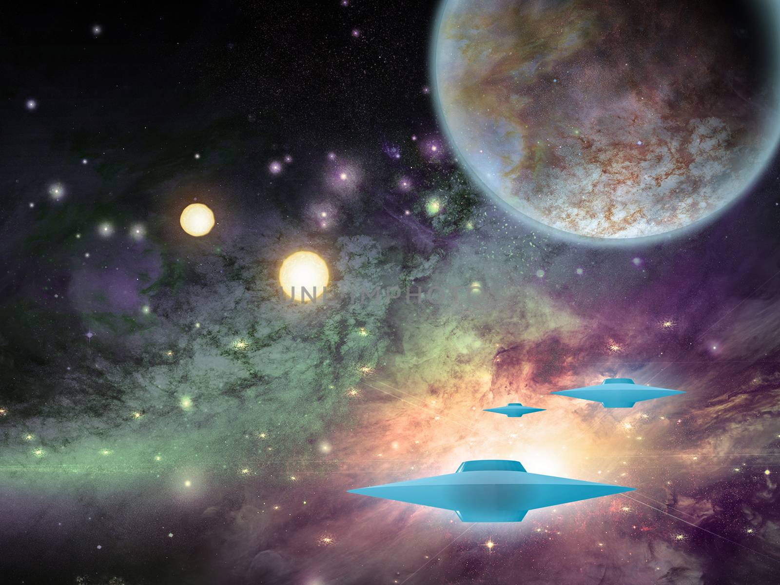 Flying saucers in space. Planets and suns. 3D rendering