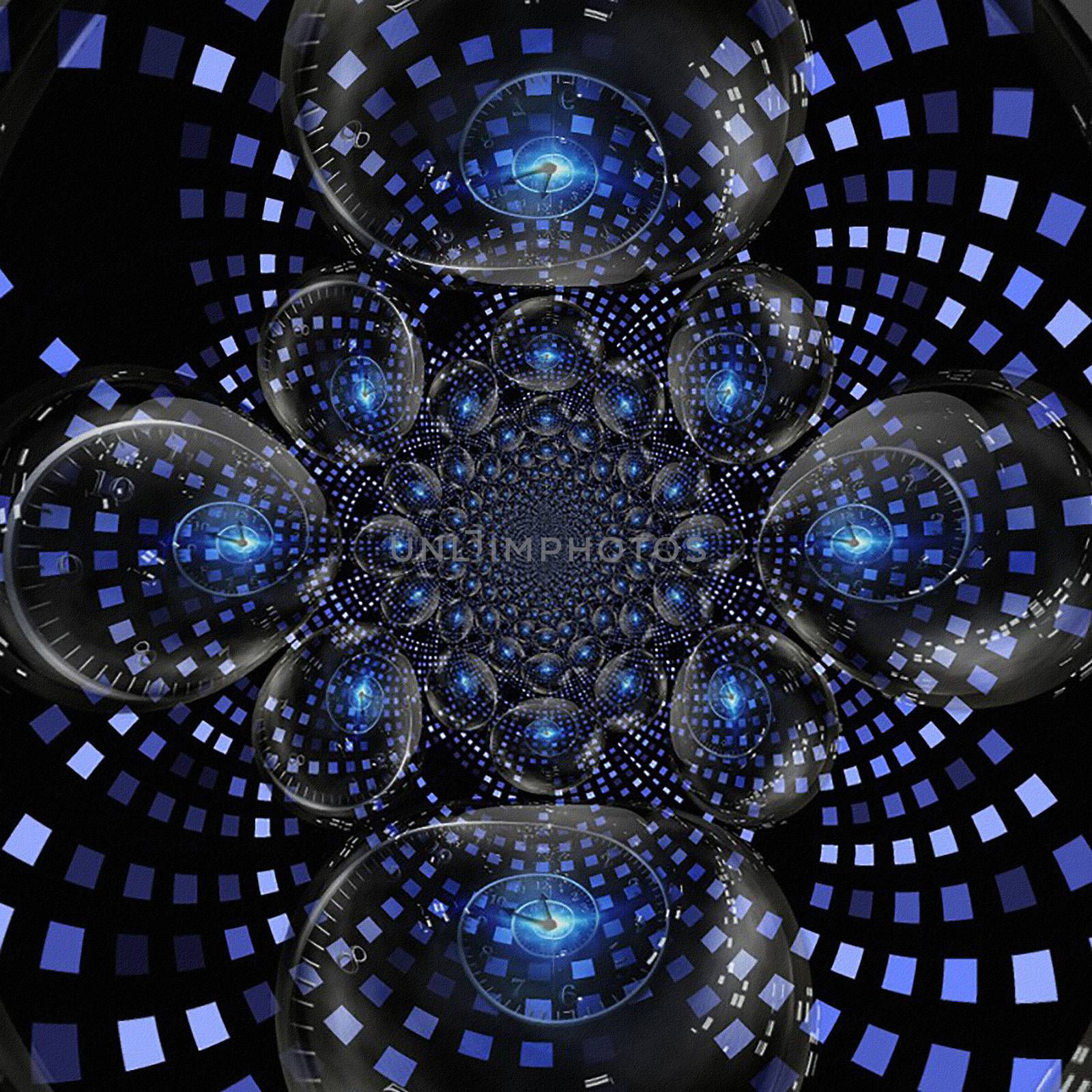 Time spirals in crystal balls. 3D rendering