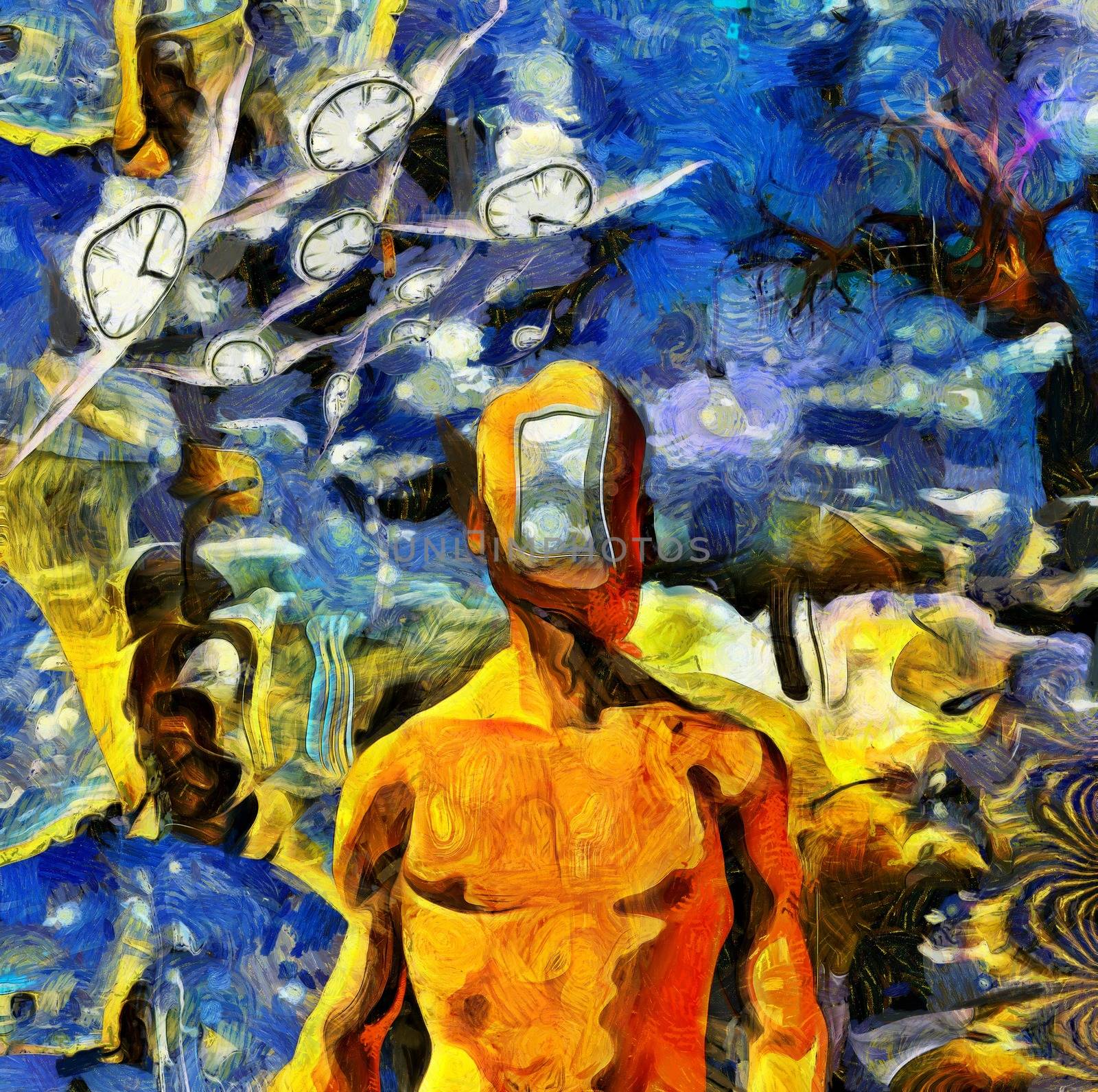 Surreal painting. Man with open door instead of face. Lightbulb on a tree branch. Winged clock represents flow of time. 3D rendering