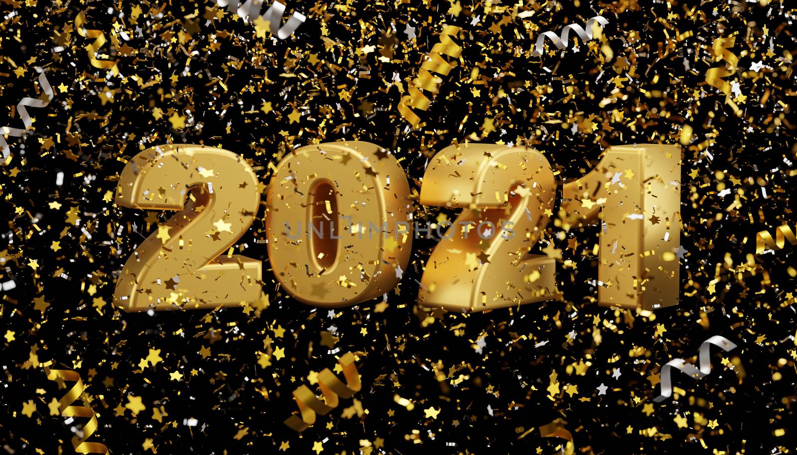 New year 2021 and foil confetti falling on black background 3d r by Myimagine
