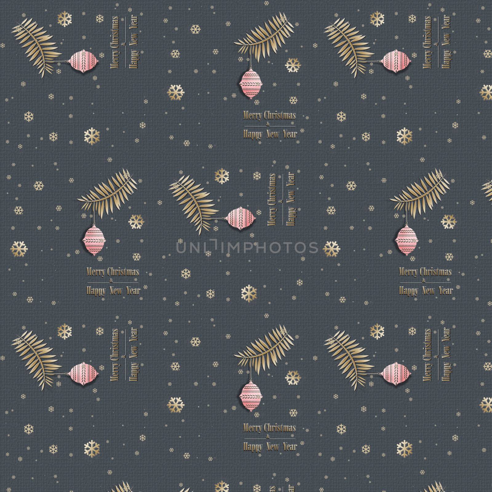 Merry christmas happy new year luxury seamless pattern of Calm night on grey pastel background, snowflakes, fire brunch with pink ball. Festive Winter Pattern, 3D illustration