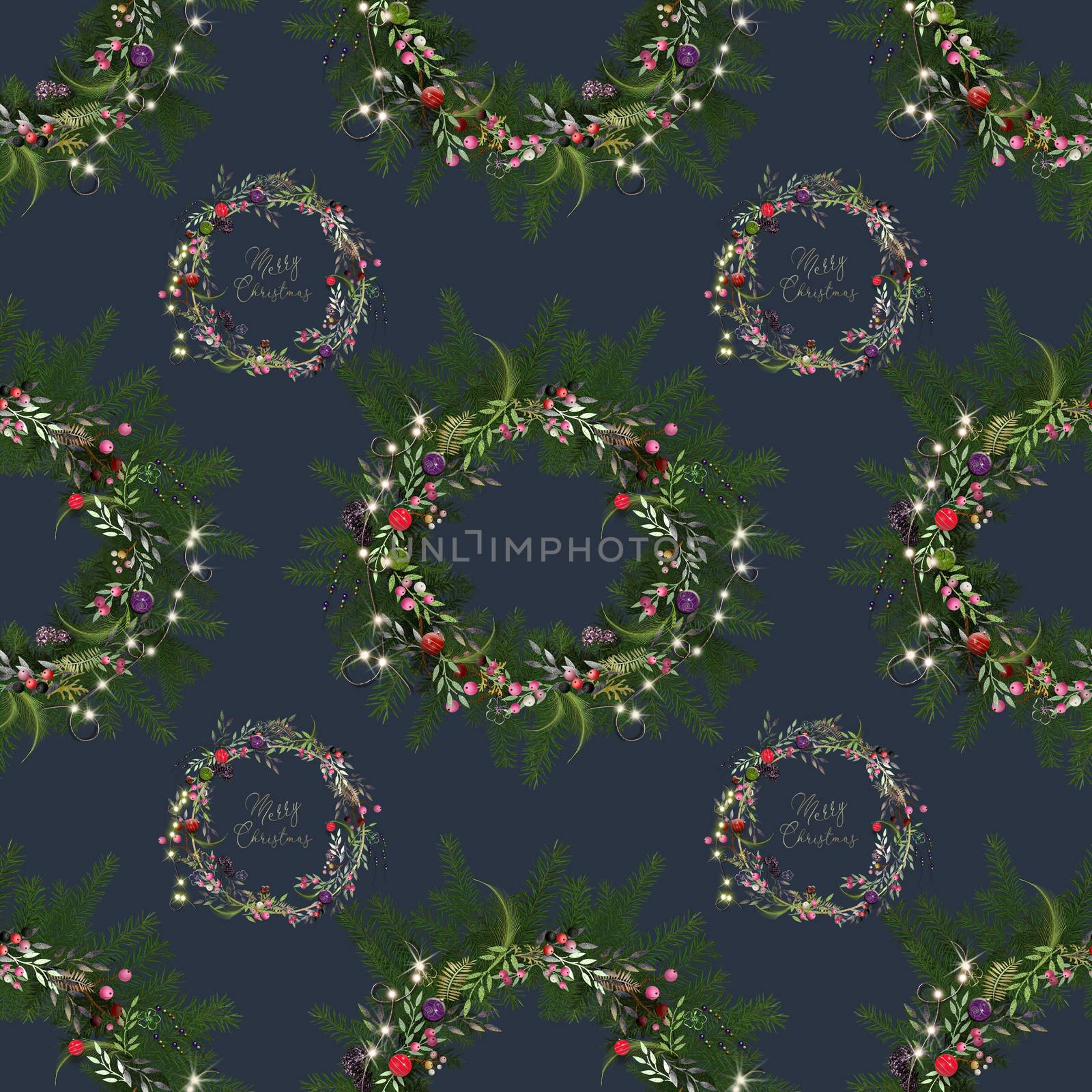 Christmas seamless pattern. Bright Christmas wreath on black background with gold text for Christmas holiday season design