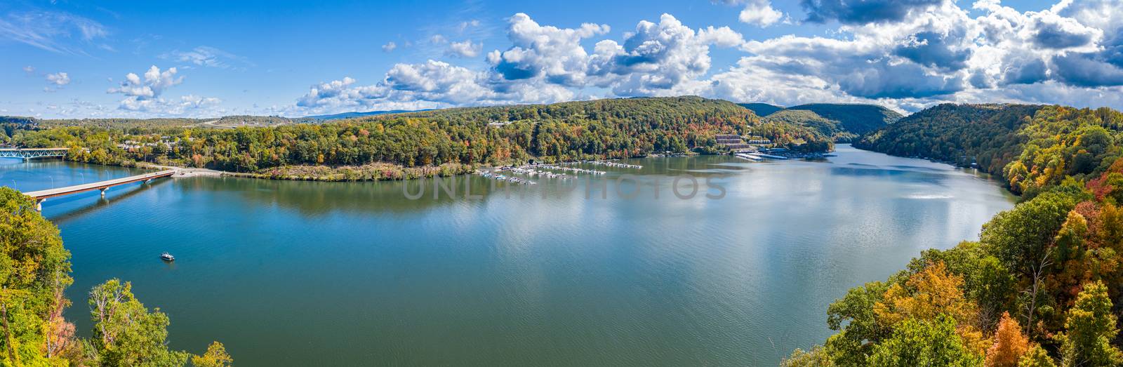Aerial drone panorama of the autumn fall colors surrounding Cheat Lake near Morgantown, West Virginia