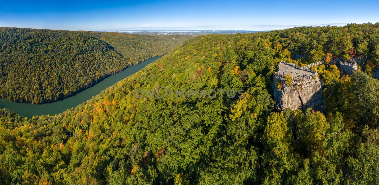 Panorama of Coopers Rock state park overlook over the Cheat River in West Virginia with fall colors by steheap