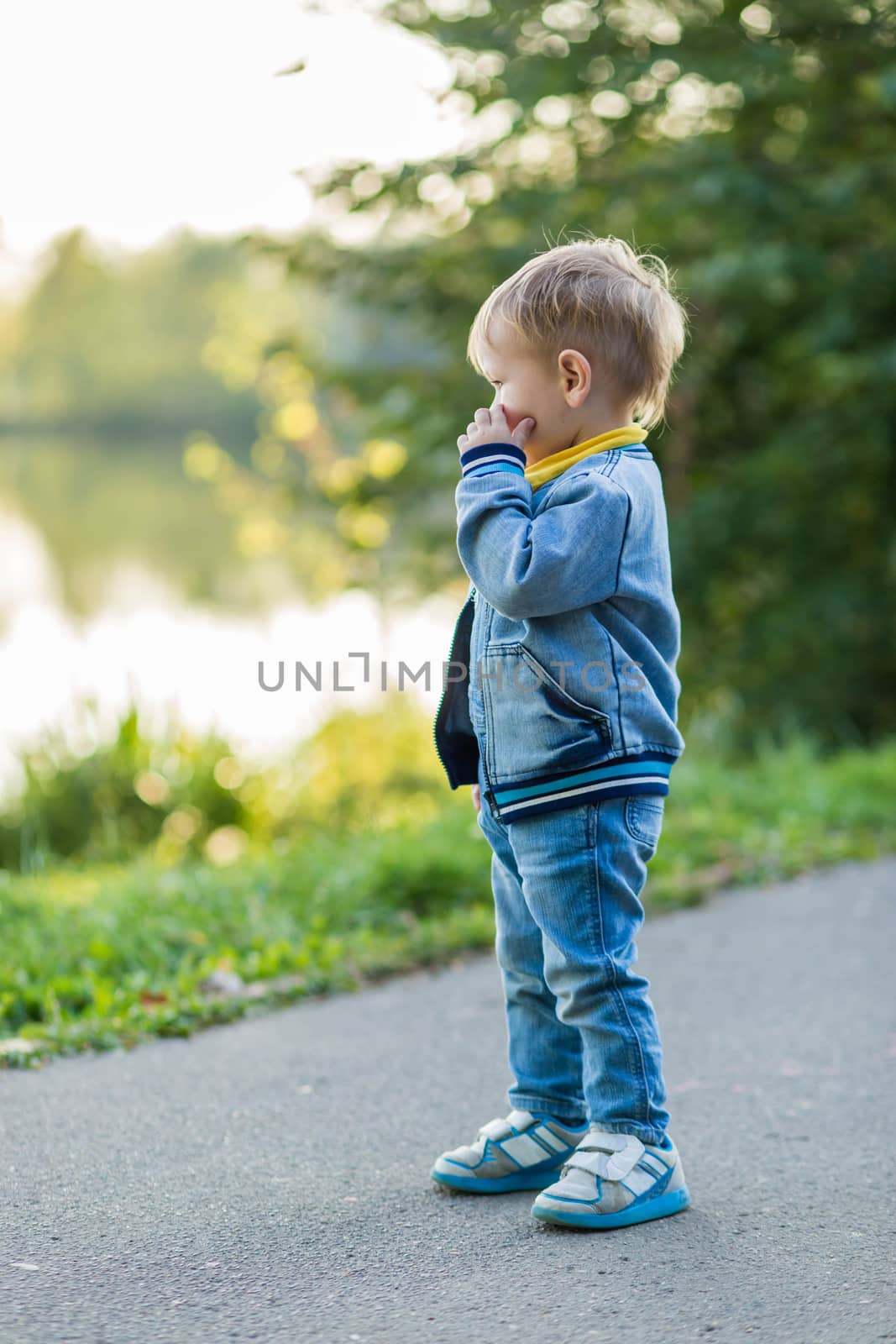 Little boy near a pond in a city park one autumn evening