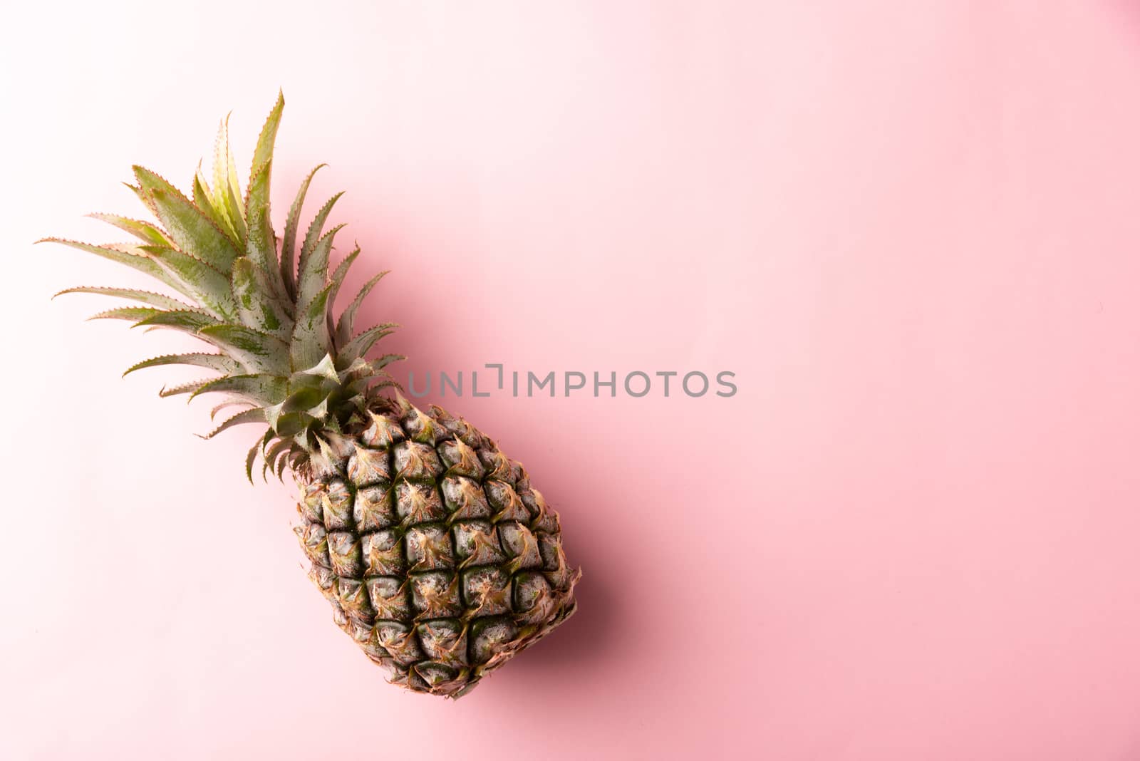 Close up above top view of ripe pineapple fruit on pink pastel background, Summer Tropical concept