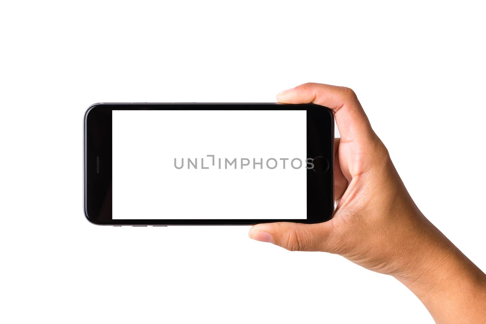 Woman hand holding mockup smartphone horizontal blank white screen. Female holds a modern mobile phone studio shot isolated on over white background with clipping mask path on the phone and screen