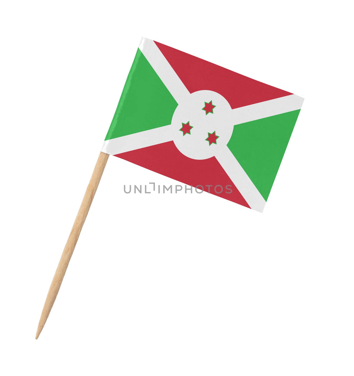 Small paper flag of Burundi on wooden stick, isolated on white