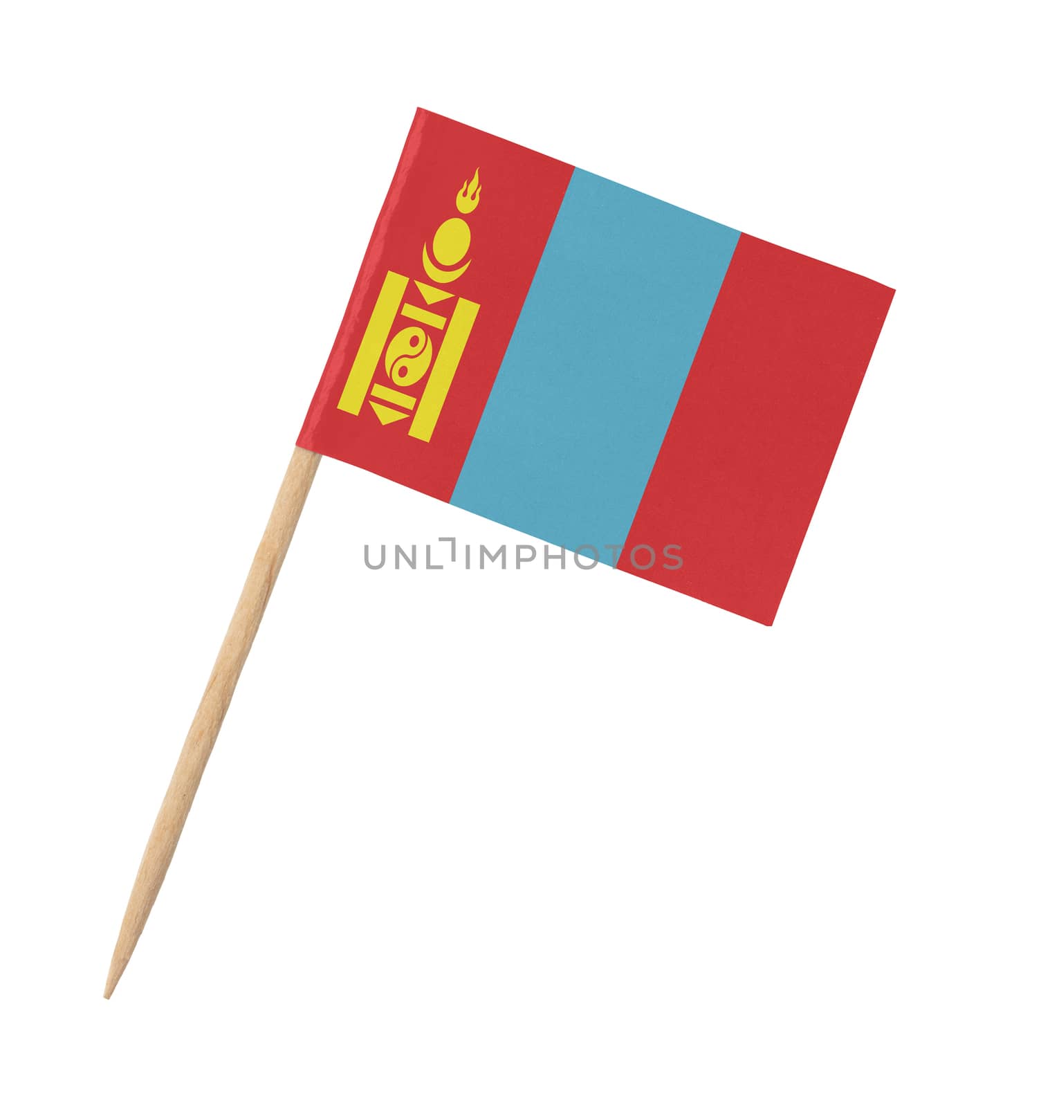 Small paper flag of Mongolia on wooden stick, isolated on white