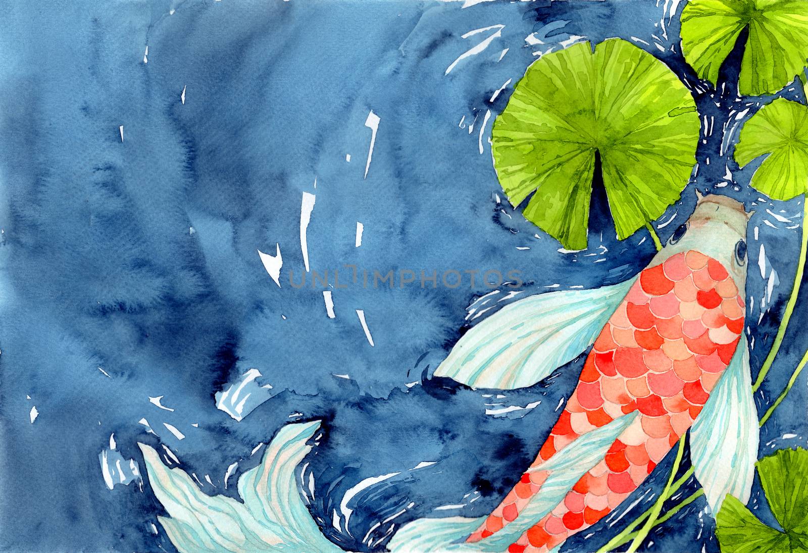Koi carp fish in pond, symbol of good luck and prosperity. Watercolor hand painting illustration. by Ungamrung