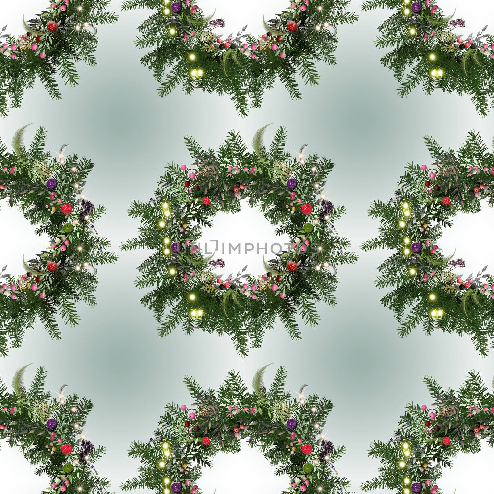 Merry christmas happy new year luxury seamless pattern of realistic floral Christmas wreath on pastel background. 3D illustration