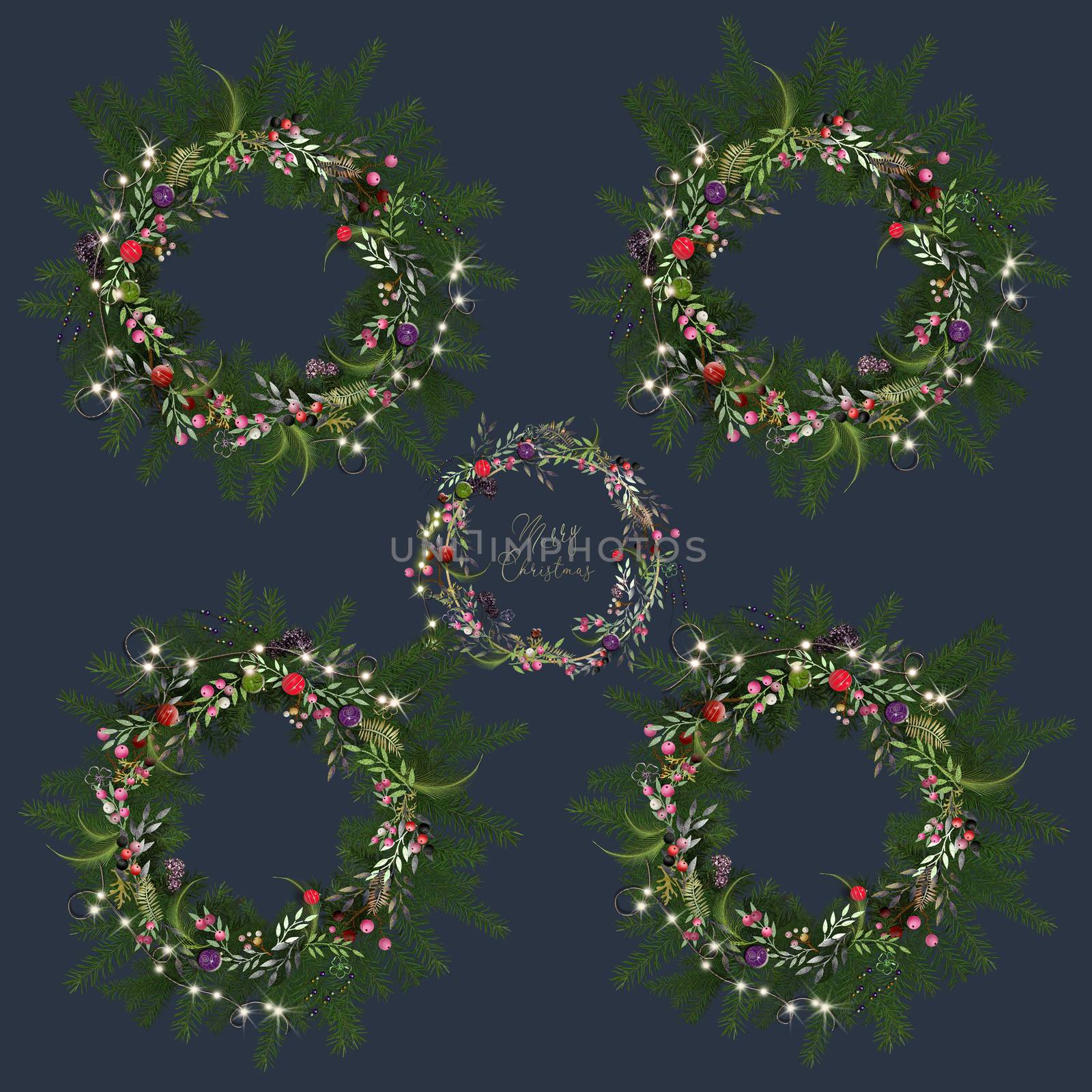 Merry Christmas happy new year luxury seamless pattern of realistic floral colourful Christmas wreath on black background. 3D illustration