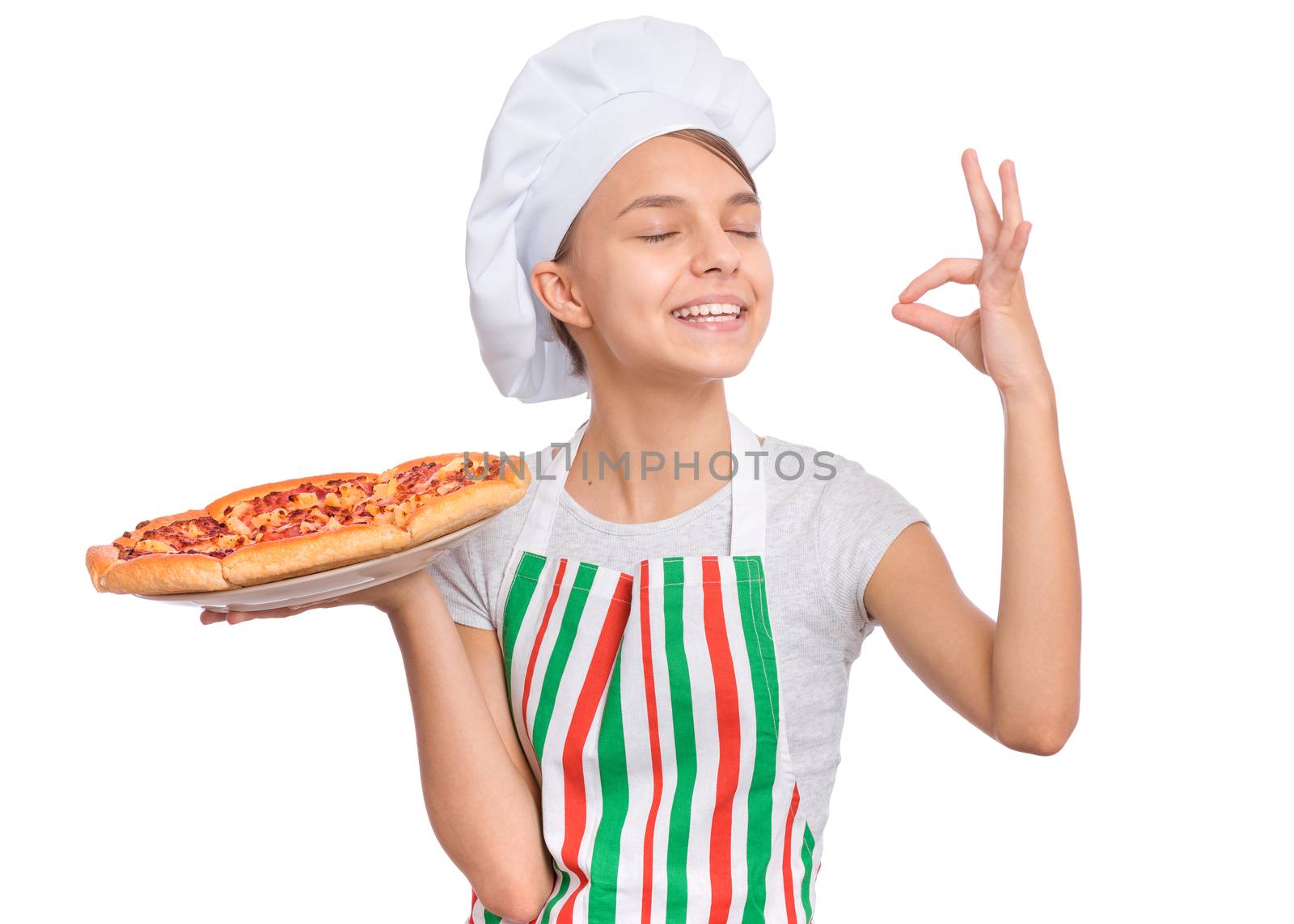 Girl chef holding pizza on white by VaLiza