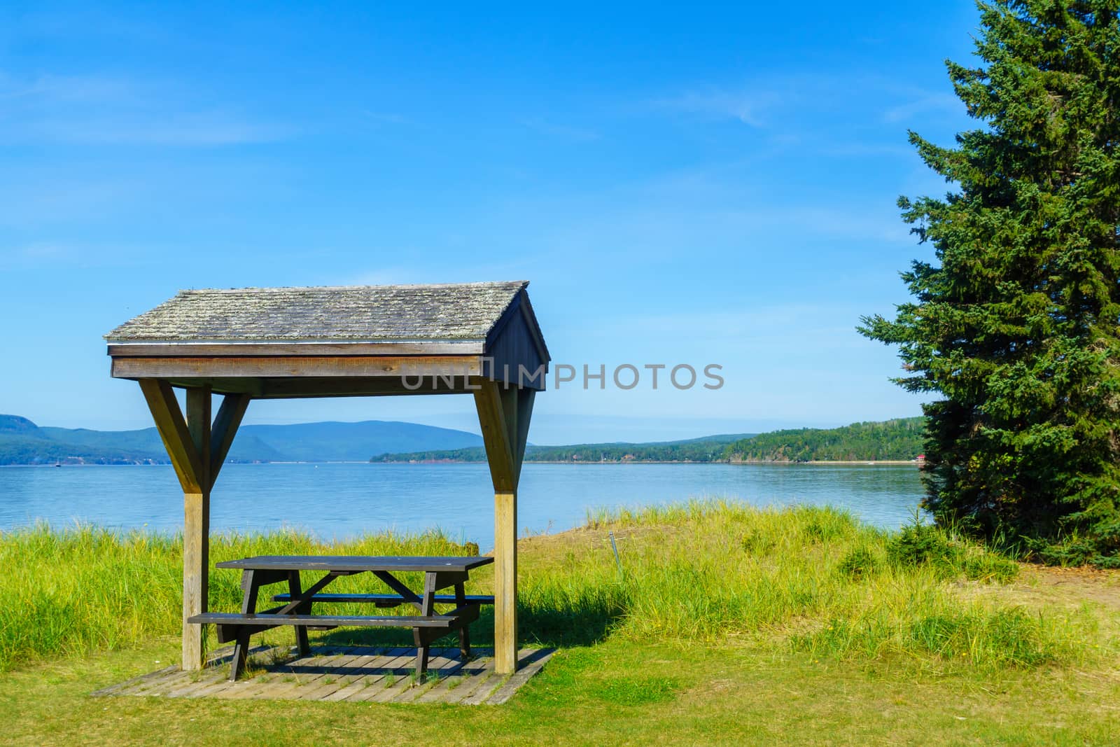 Landscape of shore and ocean in the Penouille sector of Forillon National Park, Gaspe Peninsula, Quebec, Canada